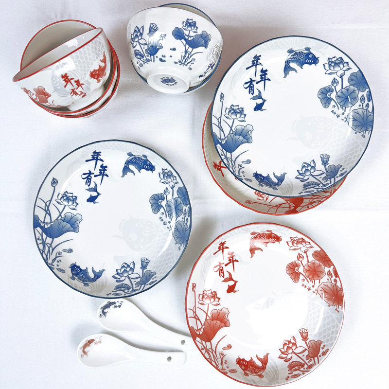 Chinese characteristics every year there are fish and rice bowls home ceramic underglaze color high-footed bowls and plates anti-scalding noodle bowls festive