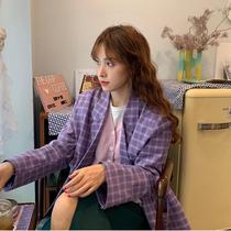 2020 Spring new loose purple plaid Western-style Korean version 100 hitch in a suit collar jacket woman