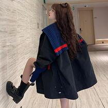 Coat female Korean version of loose student fall winter 2020 new navy collar stitching casual trench coat female middle long coat