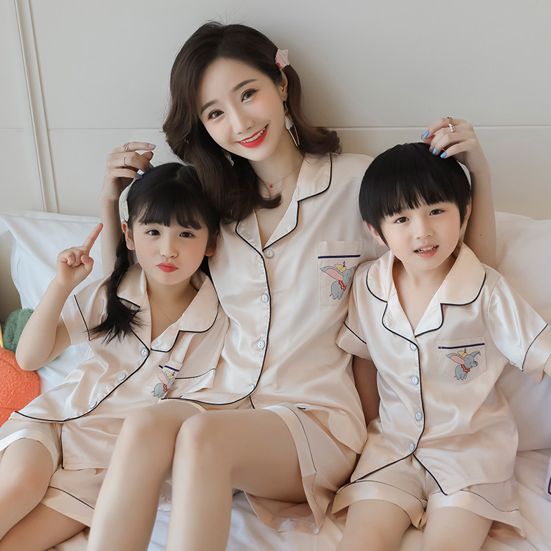 Children ice silk pyjamas a family of three kishies Mother-daughter Summer Baby Boy Short Sleeve Emulation Silk Small Flying Elephant