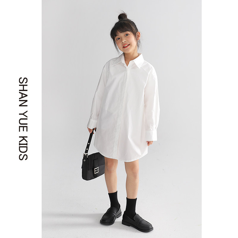 Girl White Shirt Long Sleeve 2022 New Spring Dress Foreign Palate Middle School Children's Trendy Medium Long Version Shirts Children's Blouse