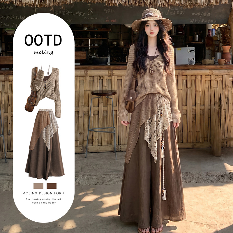 Xinjiang Travel Outfit Wasteland Style Vacation Dress Early Autumn Bohemian Cover-Up Long Skirt Pants Set for Women Xinjiang Travel Outfit Wasteland Style Vacation Dress Early Autumn Bohemian Cover-Up Long Skirt Pants Set for Women