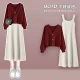 Ретро красная демисезонная майка, шерстяное платье, комплект, 2023, подходит для подростков