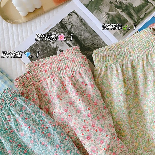 ລະດູຮ້ອນ floral ງາມໃນ pajamas ຝ້າຍເຮືອນຝ້າຍບາງເຢັນບາດເຈັບແລະຂະຫນາດນ້ອຍ floral plaid pants breathable pants ສັ້ນ