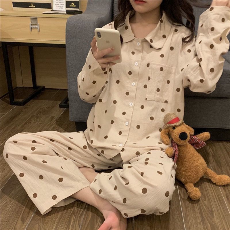 Net red pajamas women's spring and autumn ins cardigan long-sleeved simple small dots casual home clothes girls two-piece suit