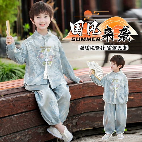 Детское ханьфу, костюм мальчика цветочника, летний комплект, осенний лонгслив, китайский стиль