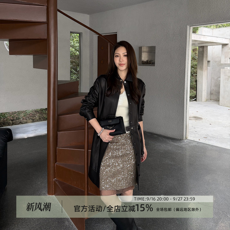Wang Huanhuan Mslime Italian Imported Lambskin Trench Coat for Women, Waist-Cinching, Slimming, Black Mid-Length Leather Jacket Wang Huanhuan Mslime Italian Imported Lambskin Trench Coat for Women, Waist-Cinching, Slimming, Black Mid-Length Leather Jacket