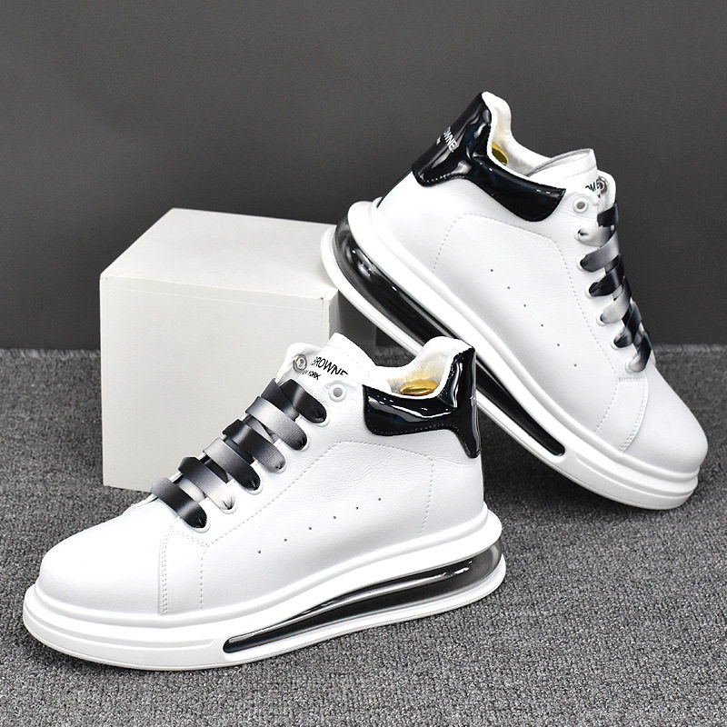 Hong Kong leather white shoes men's British air cushion white leather shoes men's all-match thick-soled high-barrel sneakers men's height
