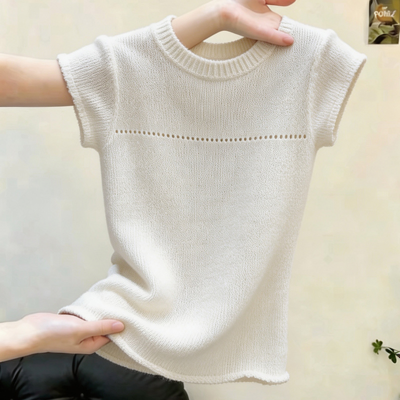 Summer Hollow-Out Rolled-Edge Breathable T-Shirt, Loose Short-Sleeve Knit Top, Simple Minimalist Style, Round Neck, Off-White Women's Top Summer Hollow-Out Rolled-Edge Breathable T-Shirt, Loose Short-Sleeve Knit Top, Simple Minimalist Style, Round Neck, Off-White Women's Top
