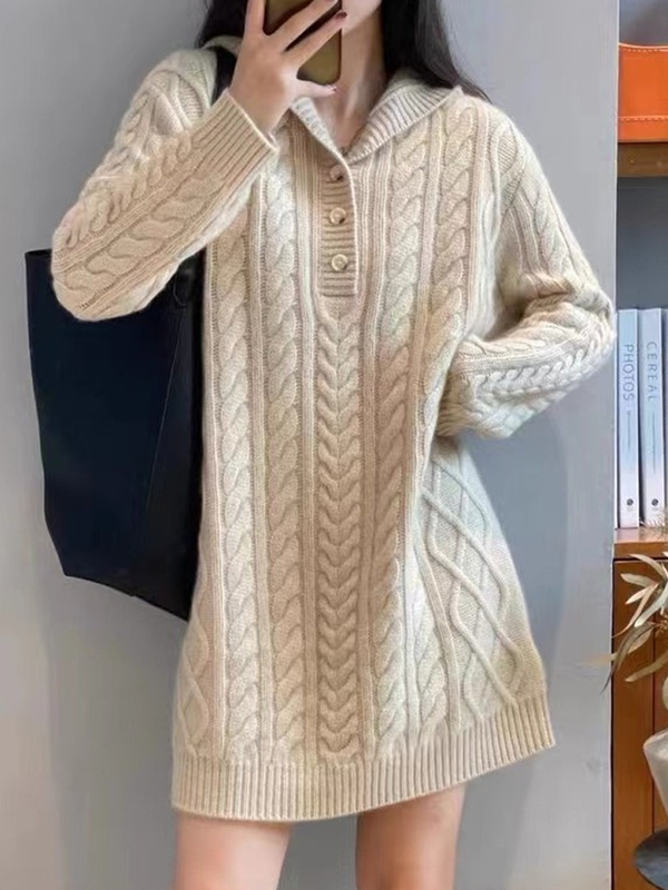 Retro Japanese Style Hooded Long-Sleeved Knitted Skirt for Women in Autum with a Design That Features Twisty, Soft and Waxy Long Sweater Dress