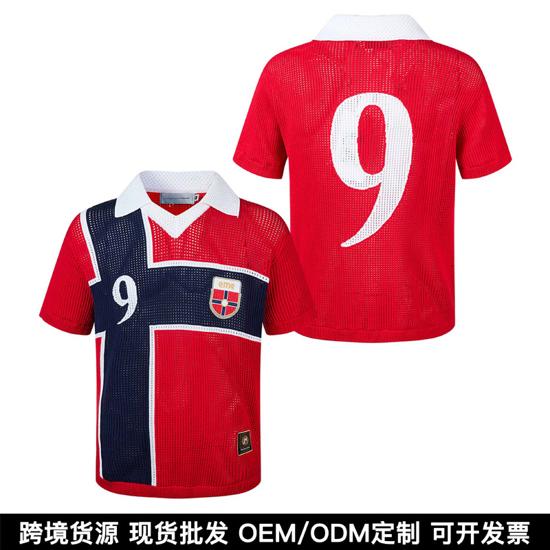 Monemade World Cup Series/American Retro Mesh Knit Polo Football Style Hollow-Out Short-Sleeve Knit Shirt