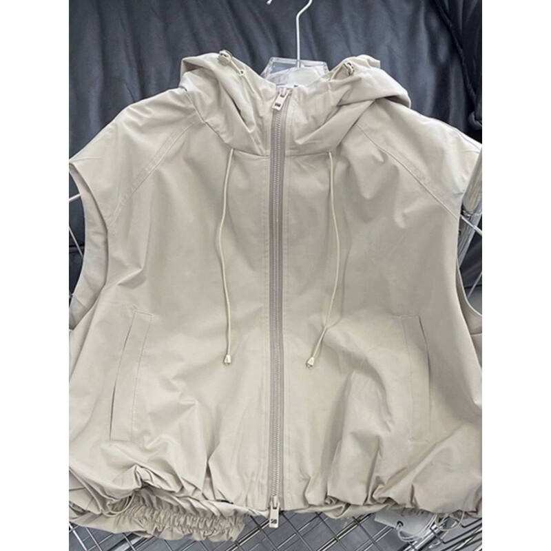 High-End Cut-Label Solid Color Loose Hooded Vest for Women, New Spring and Autumn Style, Unique and Chic Zip-Up Outerwear