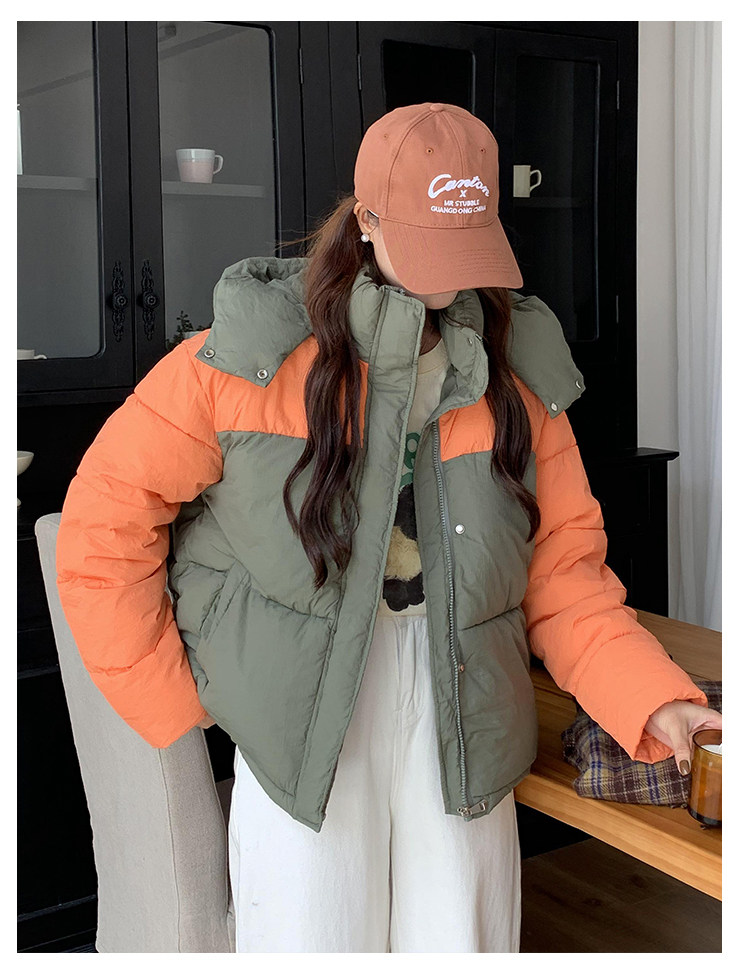 撞色羽绒棉服女2023新款冬季韩系宽松小个子短款连帽棉衣面包服厚详情19