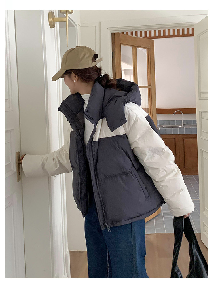 撞色羽绒棉服女2023新款冬季韩系宽松小个子短款连帽棉衣面包服厚详情9