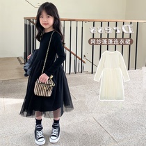 Girl Lian Dress 2022 Early Spring New Children 100 Hitch Princess Dress Knit Splicing Mesh Yarn Long Sleeve Skirt Tide