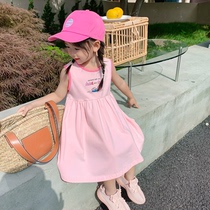 Girls 2022 Summer New Model Childrens Boy Cartoon Vest Dress Baby Round Color Childrens Pink Dress