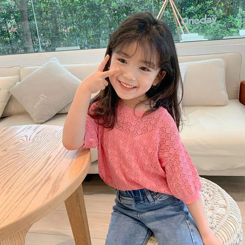 Girls Korean version of hollowed-out short-sleeved thin summer dress new ice silk mid-sleeve baby Western style sweater sweet temperament T-shirt