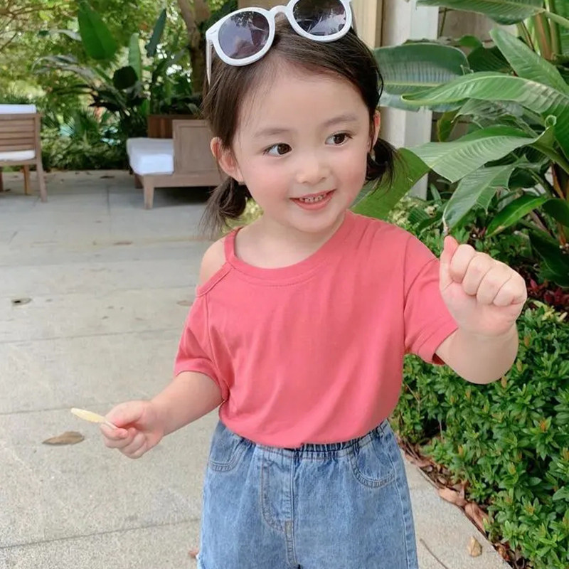 Children's cool and breathable short-sleeved t-shirt summer clothes new baby casual solid color simple round neck pullover top all-match