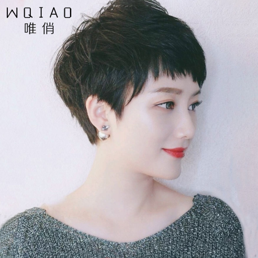 Wig short hair Jurchen hair full real human hair dog gnawing bangs mother style female short hair fluffy fashion wig set