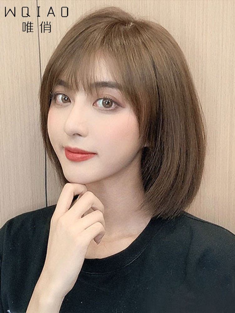 Wig short hair female frivolous bangs Bobo head full real hair medium and long bobo head net red round face full headgear