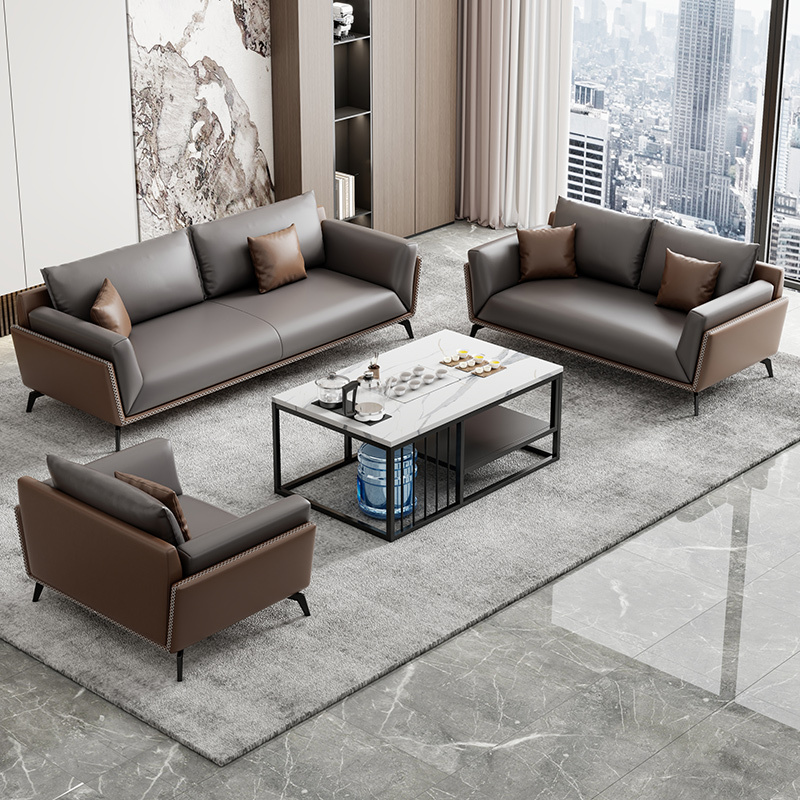 Office Sofa and Coffee Table Set, Simple Modern Business Meeting and Reception Room, Rest Area, Genuine Leather Three-Seater Office Sofa and Coffee Table Set, Simple Modern Business Meeting and Reception Room, Rest Area, Genuine Leather Three-Seater