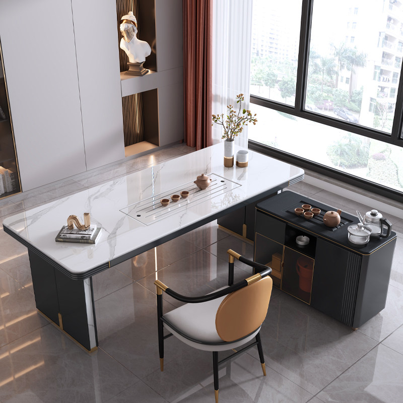Rock plate Gongfu tea table light and luxurious modern 2 2 m rectangular large plate tea table desk integrated with mobile tea cart table