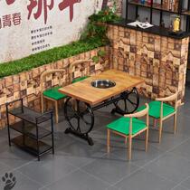 Combination shop string of wooden barrel tables and chairs small combination maocai one pickled fish gas stove induction cooker hot pot meal string