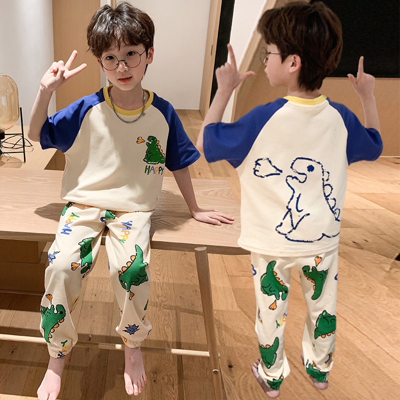 Children's Pajamas for Boys, Summer New Style, Dinosaur Pure Cotton, Boys' Short-Sleeved Long Pants, Loose Home Wear Set for Older Kids Children's Pajamas for Boys, Summer New Style, Dinosaur Pure Cotton, Boys' Short-Sleeved Long Pants, Loose Home Wear Set for Older Kids
