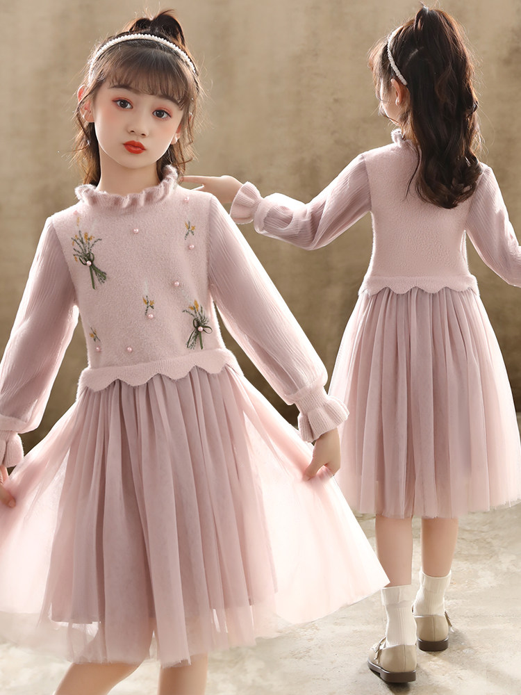 Girls' winter dress plus velvet 2020 new sweater skirt autumn children's winter dress foreign style winter dress princess dress autumn and winter