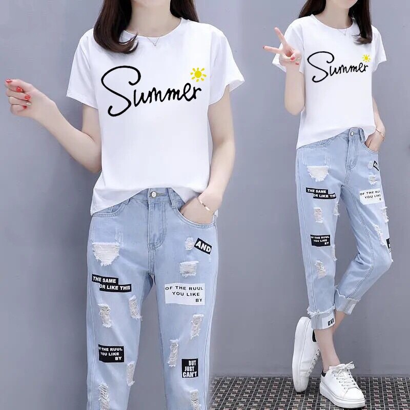14 Big Boys Little Daisy Summer Dress 16 High School Students New Suit Short-sleeved T-shirt Ripped Jeans Two-piece Girls