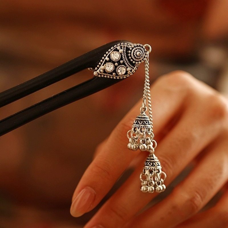 New Chinese-Style U-Shaped Sandalwood Hairpin with Ethnic and Ancient Style, Bell Tassels, Tibetan-Style Hair Accessory, Hanfu Hair Ornament