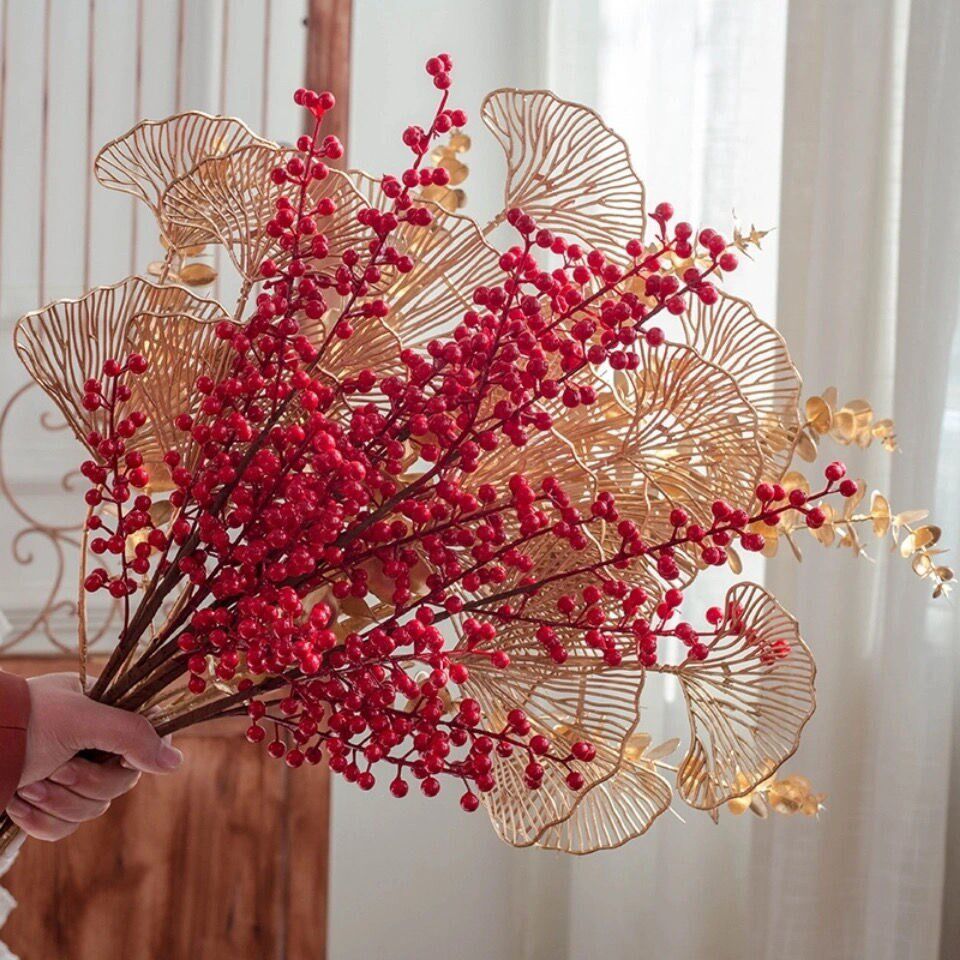 Lucky Silver Willow Dried Flowers Fresh Branches Blessing Bucket Ornament Simulation Flowers Red Fruit Fortune Fruit Acacia Red Bean Ginkgo Leaf Eucalyptus - Taobao