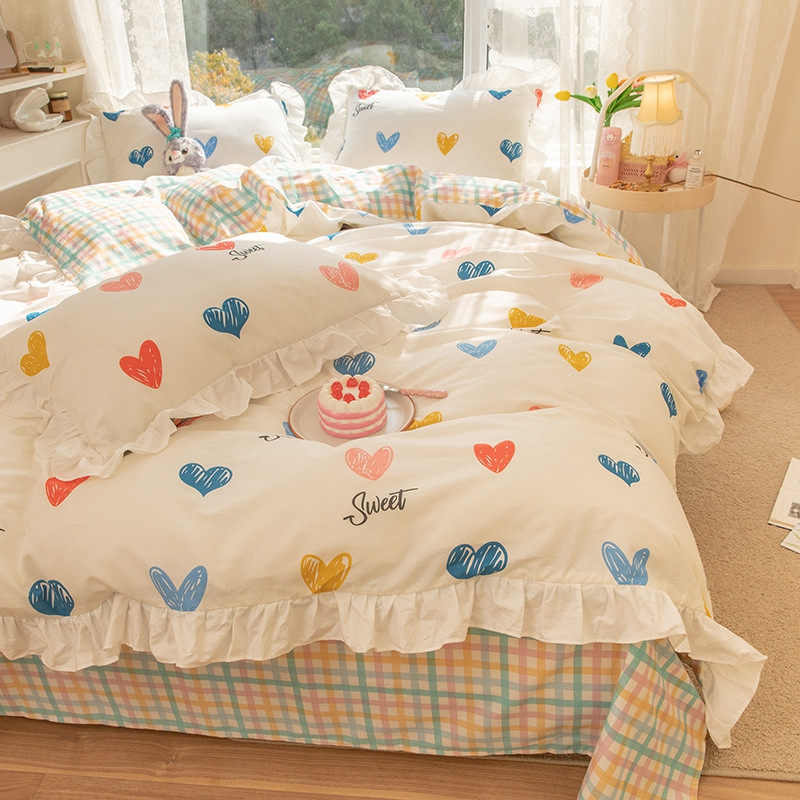 Pure cotton bed four-piece set Korean lace cotton sweetheart small fresh love bed sheet quilt cover princess wind three-piece set