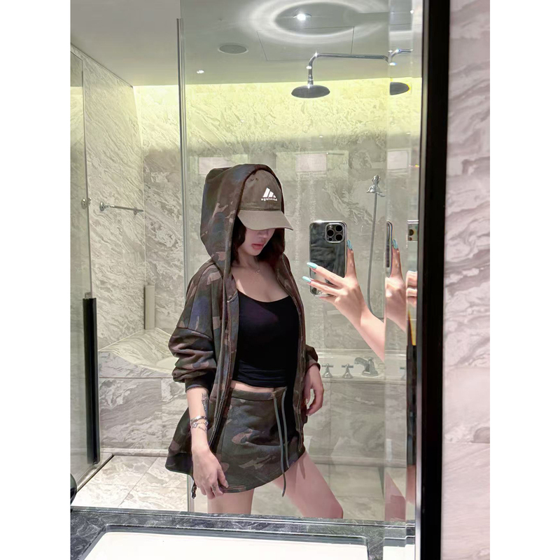 Ana Phora *Green Tone Layering* Army Green Vintage Camouflage Loose Sweatshirt Set Autumn New Two-Piece Set