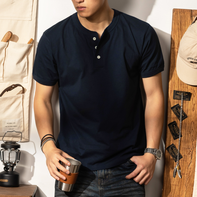 American Style 230g Heavyweight T-Shirt Men's Short-Sleeved Henley Shirt Men's 2026 Summer New Pure Cotton Tough Guy Henley Collar T-Shirt