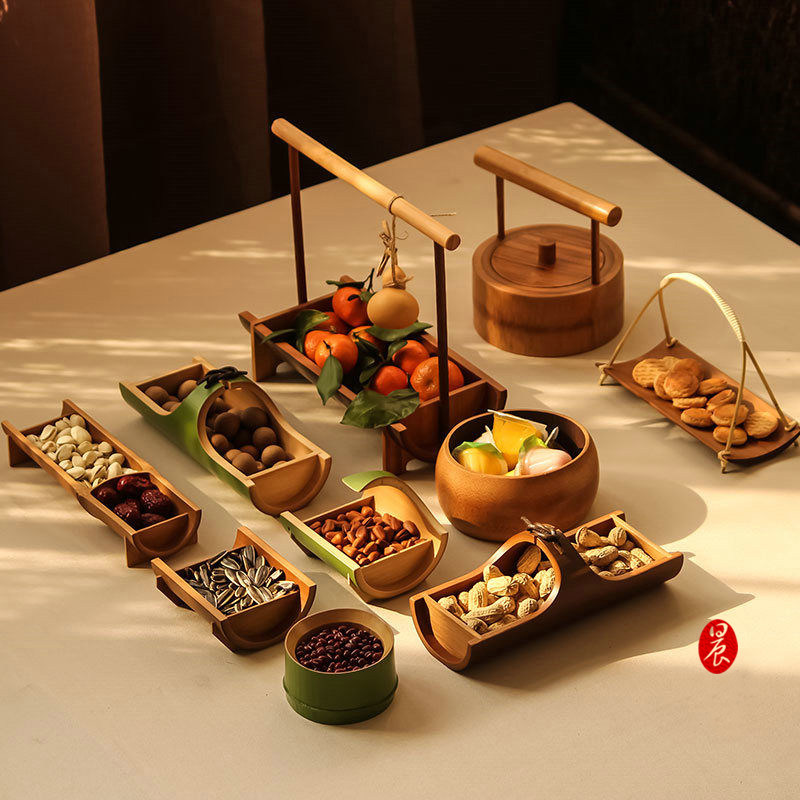 Chinese-style stove boiled ice afternoon tea fruit plate bamboo tray set set plate refreshment plate tableware handmade bamboo weaving