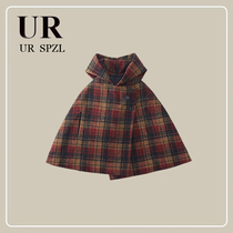 UR SPZL childrens clothing girls quilted thickened hooded woolen coat autumn and winter childrens Korean style plaid cape coat