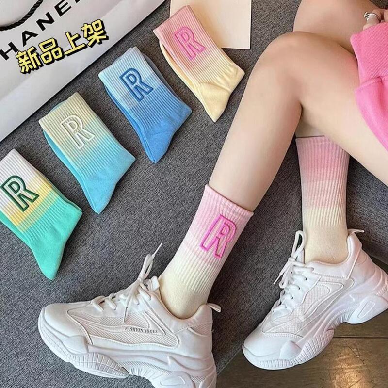 New R-Label Trendy Socks for Women, Spring and Summer, European and American Gradient Color Mid-Calf Socks, Popular Trendy Brand Long Sports Socks for Women