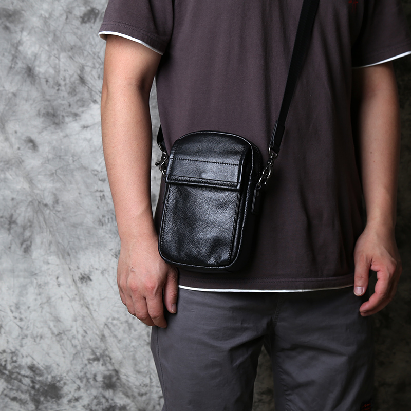 New top layer cowhide mobile phone bag men's casual leather one-shoulder cross-body bag belt waist bag all-match mini small bag