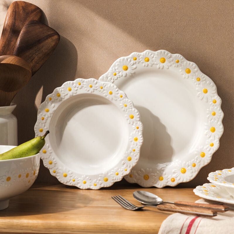 Solid flower dinner plate net red small daisy creative plate art home dining tray soup bowl rice bowl ceramic suit