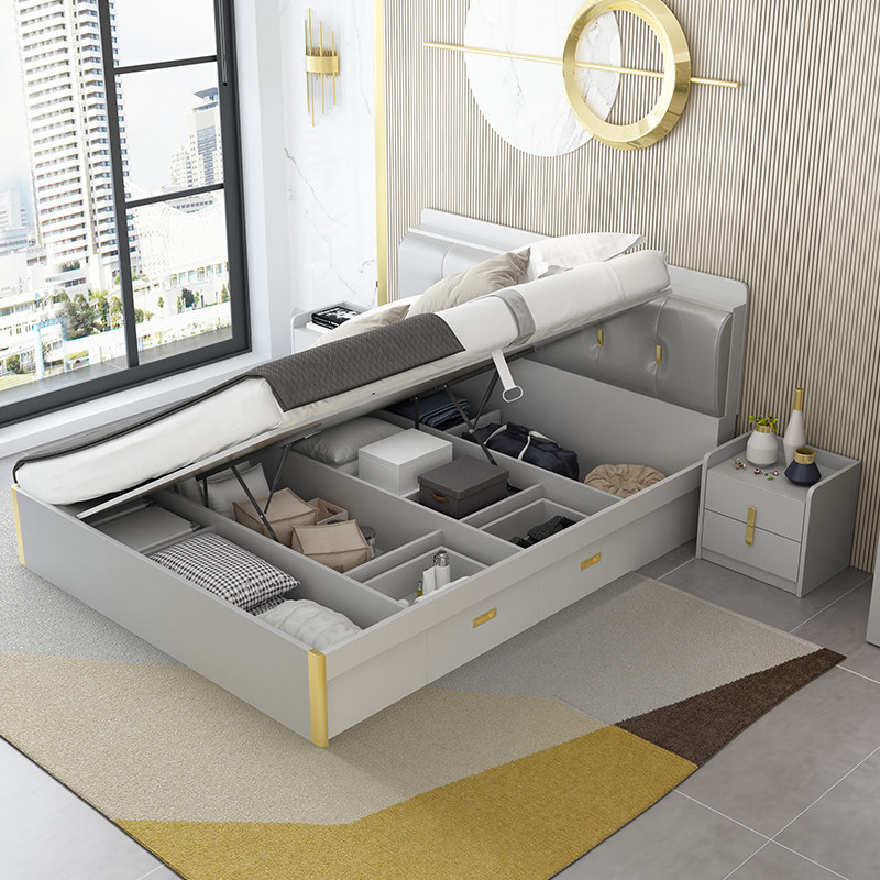 Light extravagant bed master bedroom with modern minimalist double man bed small family type side opening air pressure high box storage containing plate bed-Taobao