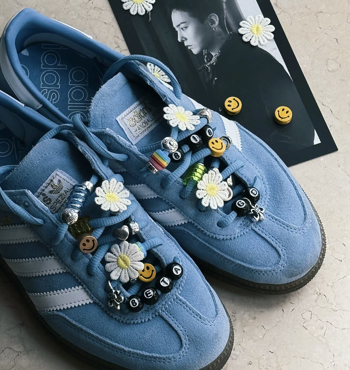 G-dragon gd's favorite daisy patch  diy your adidas gazelle sneakers with  a fresh twist!