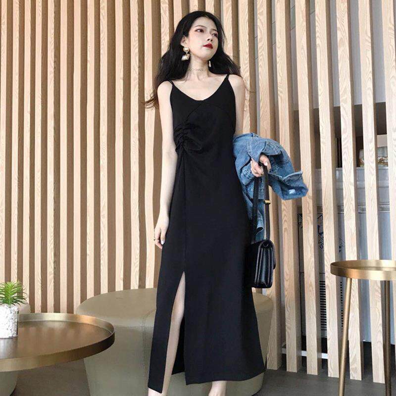 Pleated black bottomed skirt children's 2021 spring new V-neck careful machine split long belt dress