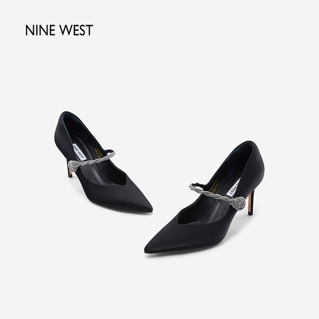 NineWest/9Xi Elegant High Heels Feminine Spring New One-Word Diamond Belt Satin Dress Shoes