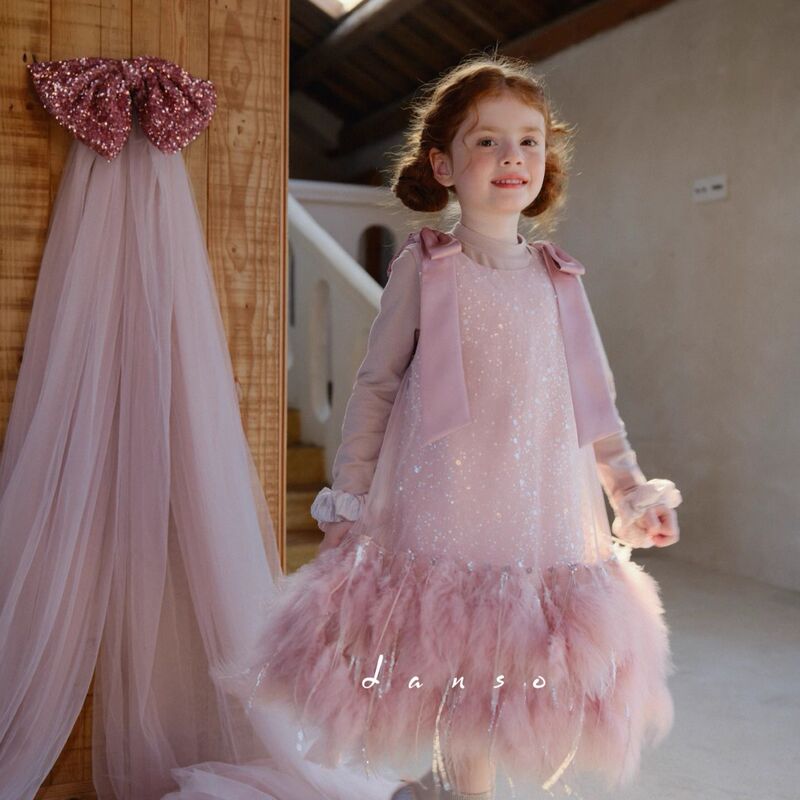 Girls' Pink Princess Dress, Autumn Children's Ostrich Feather Sequin Vest Dress, Elaborate Birthday Dress, High-End Formal Dress