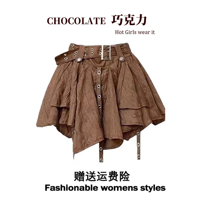 Meilade Wears a Brown Skirt for Women, 2025 Summer, Hot Girl Wasteland Style, Western Cowboy Ribbon Pleated Short Skirt