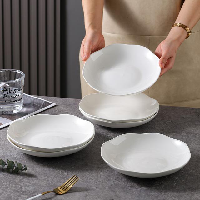 6-Piece Set of 8inch Petal-Shaped Ceramic Dinner Plates for Home Use, Deep Plates with White Underglaze Color, Creative Western-Style Dinnerware 6-Piece Set of 8inch Petal-Shaped Ceramic Dinner Plates for Home Use, Deep Plates with White Underglaze Color, Creative Western-Style Dinnerware