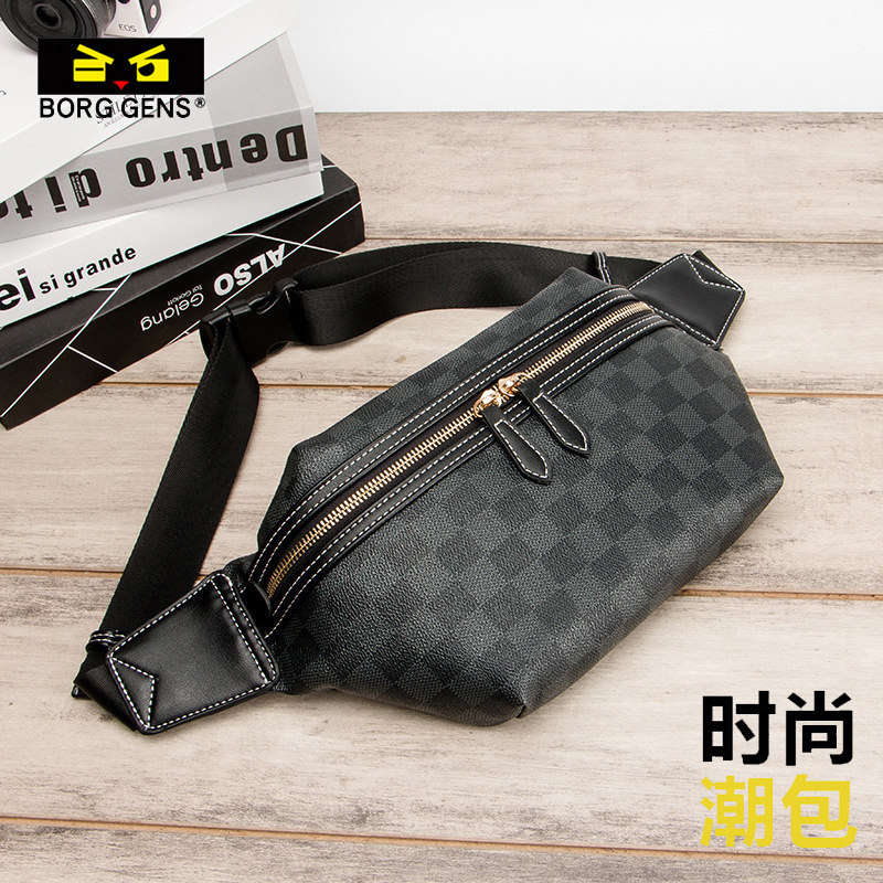 borggens chest bag men's sports waist bag trendy casual one-shoulder messenger bag men's summer small backpack plaid leather bag