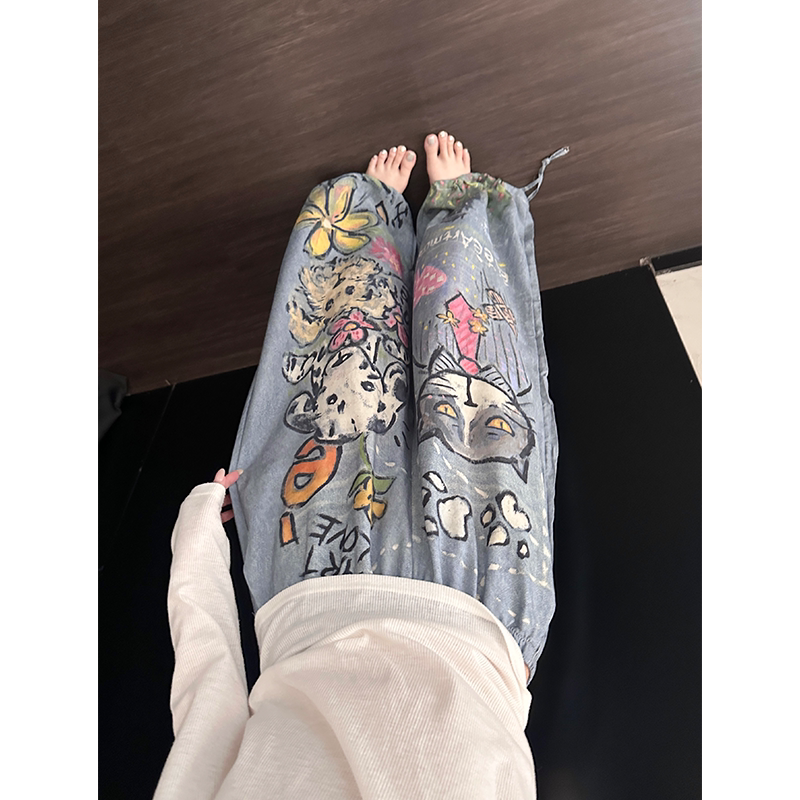 American Retro Fun Cat and Dog Graffiti Pajama Pants for Women, Autumn High-Waisted Loose Versatile Wide-Leg Home Pants That Can Be Worn Outside American Retro Fun Cat and Dog Graffiti Pajama Pants for Women, Autumn High-Waisted Loose Versatile Wide-Leg Home Pants That Can Be Worn Outside