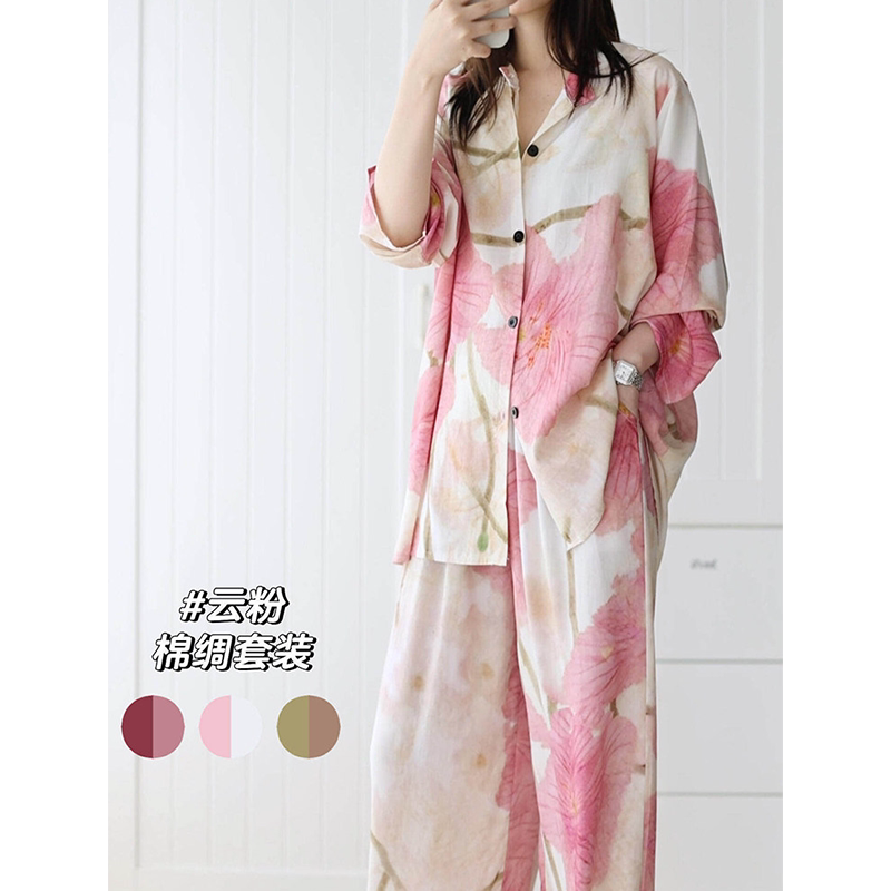 New Chinese Style Gentle Floral Print Cotton Silk Pajamas for Women, Spring and Summer, Super Soft, Loose-Fitting Long Pants Loungewear Set New Chinese Style Gentle Floral Print Cotton Silk Pajamas for Women, Spring and Summer, Super Soft, Loose-Fitting Long Pants Loungewear Set